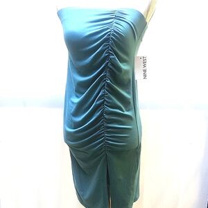 Y2K Rare Teal Rouched Strapless Bodycon Fitted Jersey Knit Mini Dress